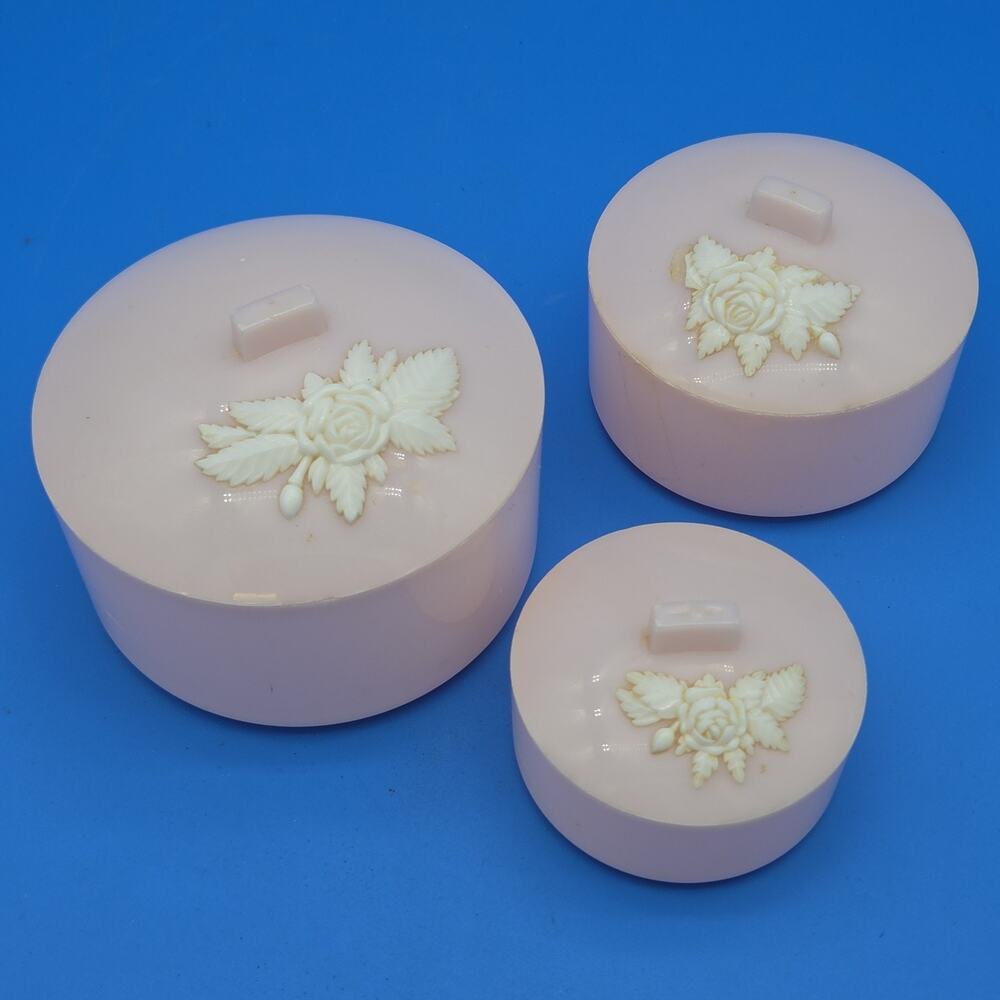 Schwarz Bros Vintage Pink Plastic Vanity Dresser Box Set 3 Floral Rose Lids